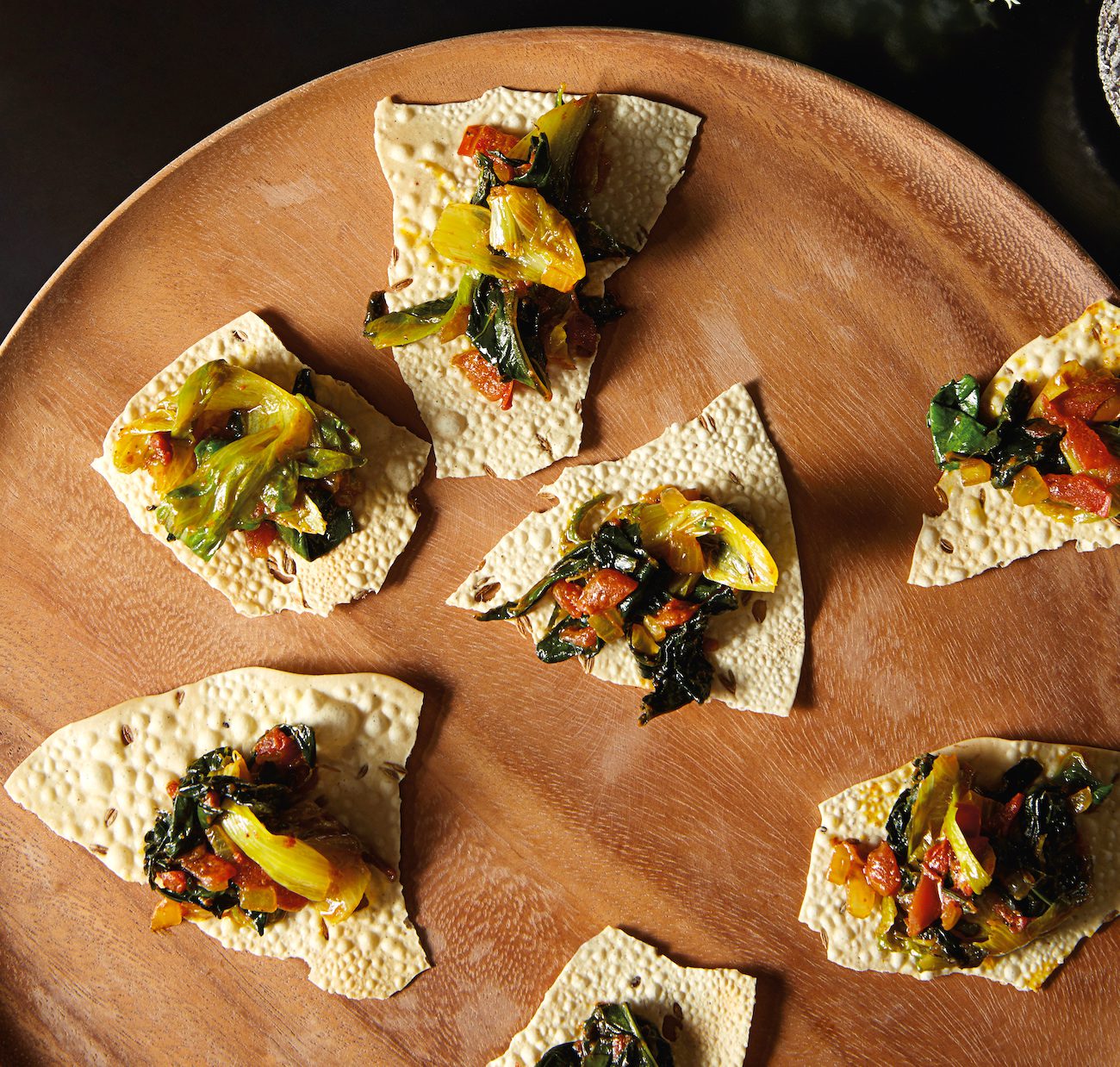 Gluten Free Appetizer Indian Spiced Greens On Papads Recipe GFF Magazine