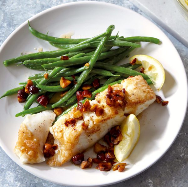 gluten free pan-seared halibut with brown butter sauce and hazelnuts