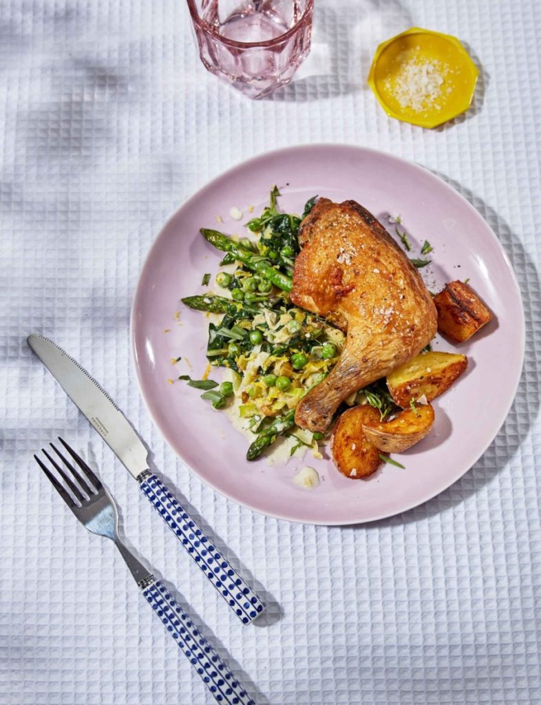 Braised Chicken Legs with Swiss Chard, Peas, and Crème Fraîche Gluten-Free Recipe