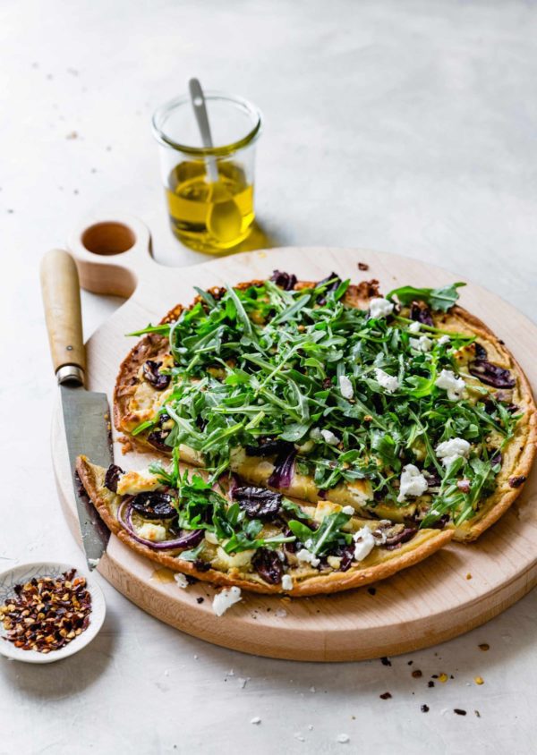 Gluten Free Vegetarian Main Dish Chickpea Flour Flatbread with Arugula