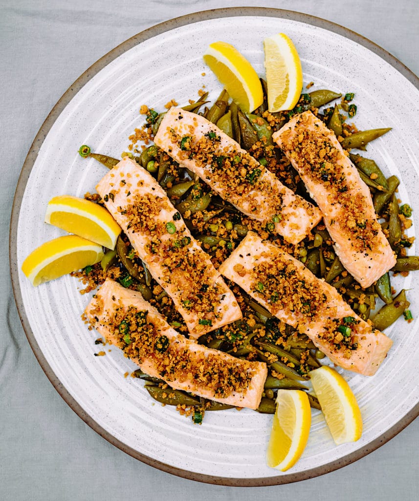 Pan-Roasted Salmon with Gluten-Free Breadcrumbs and Snap Peas