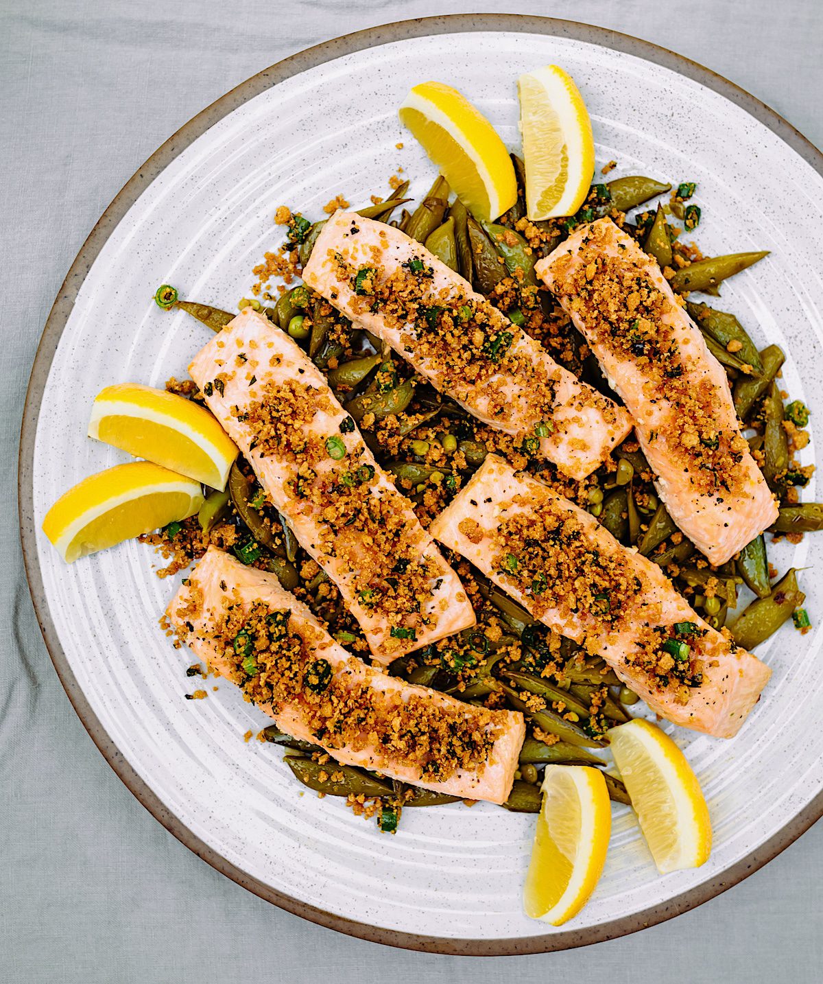 Pan-Roasted Salmon with Breadcrumbs and Snap Peas Gluten-Free Recipe