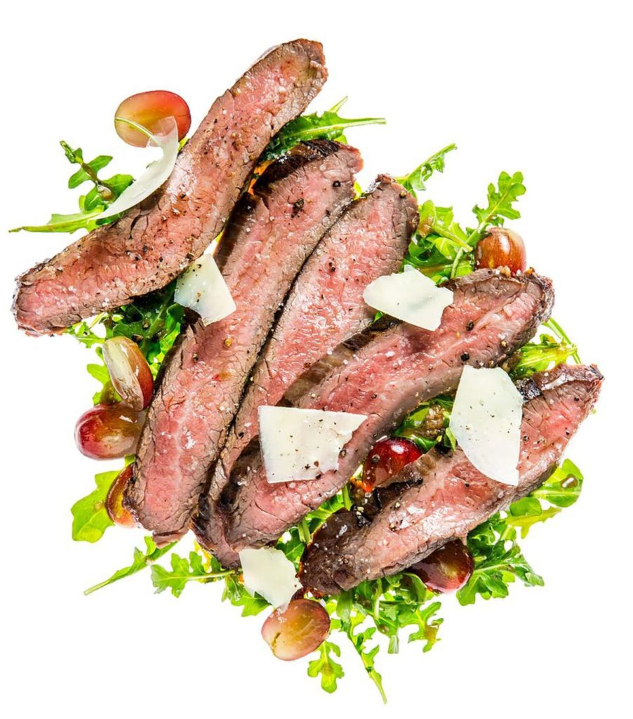 Grilled Flank Steak with Arugula Grapes and Parmesan Cheese
