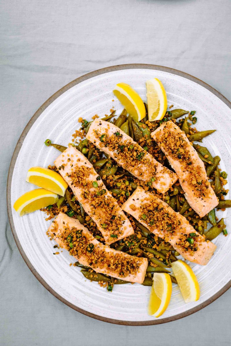 Pan-Roasted Salmon with Breadcrumbs and Snap Peas Gluten-Free Recipe