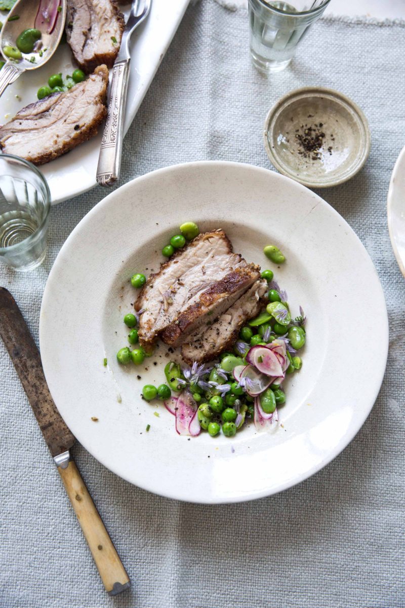 Gluten Free Roasted Pork Belly With Favas and Green Peas