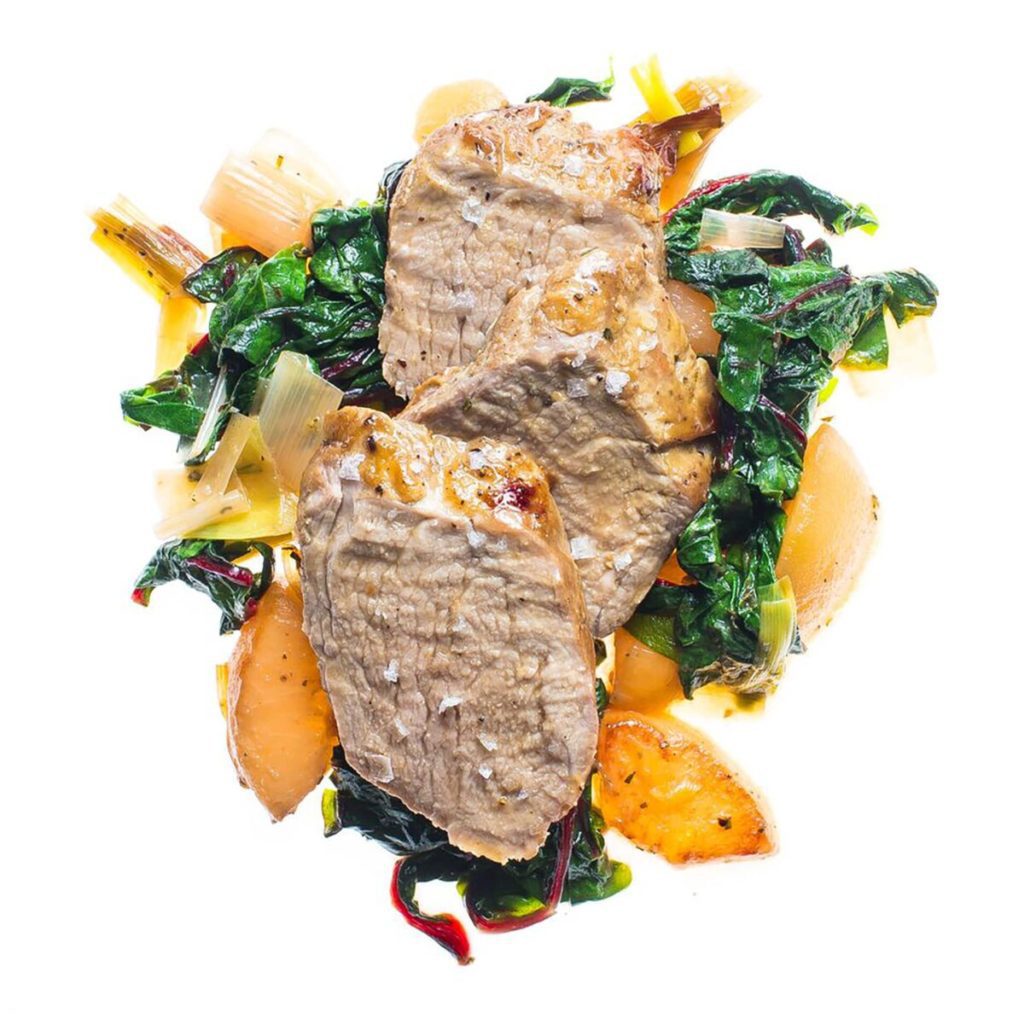 Roasted Pork Medallions with Swiss Chard, Pears, and Leeks Gluten-Free Recipe