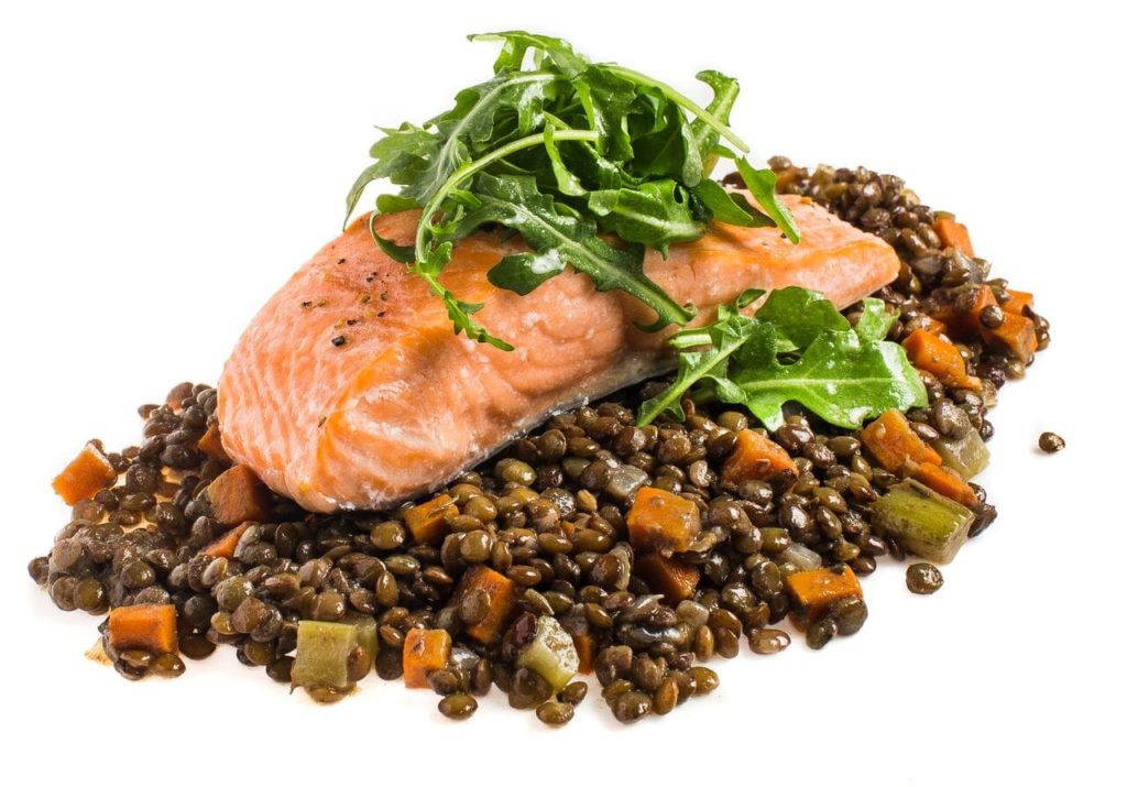 Roasted Salmon with French Lentils and Arugula