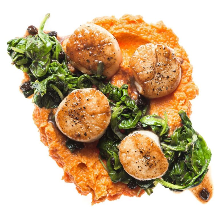Gluten Free Seafood Dish Seared Scallops with Sautéed Spinach, Sweet