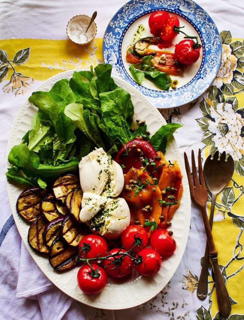 Burrata and Grilled Vegetables with Arugula and Basil Oil