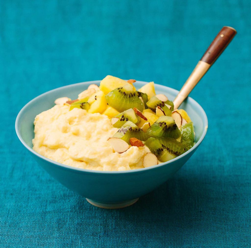 Coconut-Cardamom Rice Pudding with Pineapple-Kiwi Topping Recipe