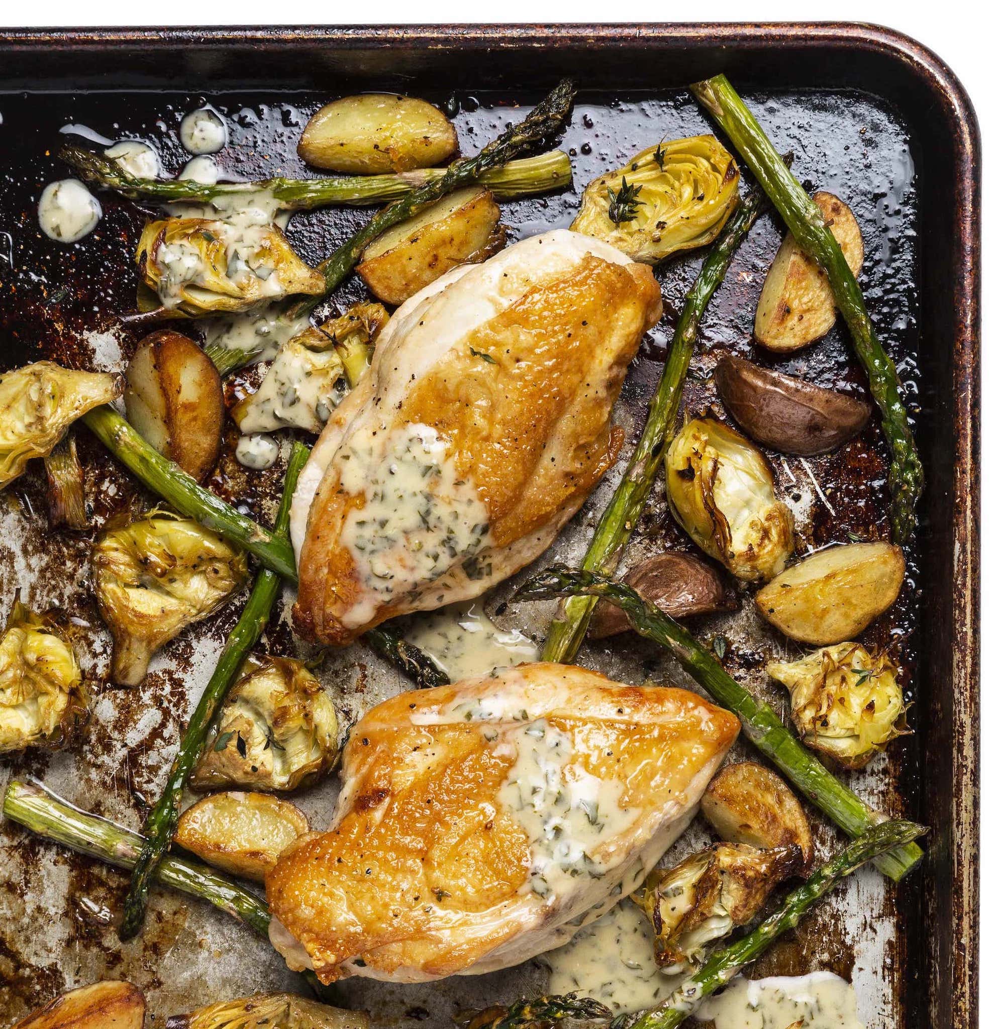 Sheet Pan Chicken With Artichoke Hearts Asparagus And Lemon Cream Sauce