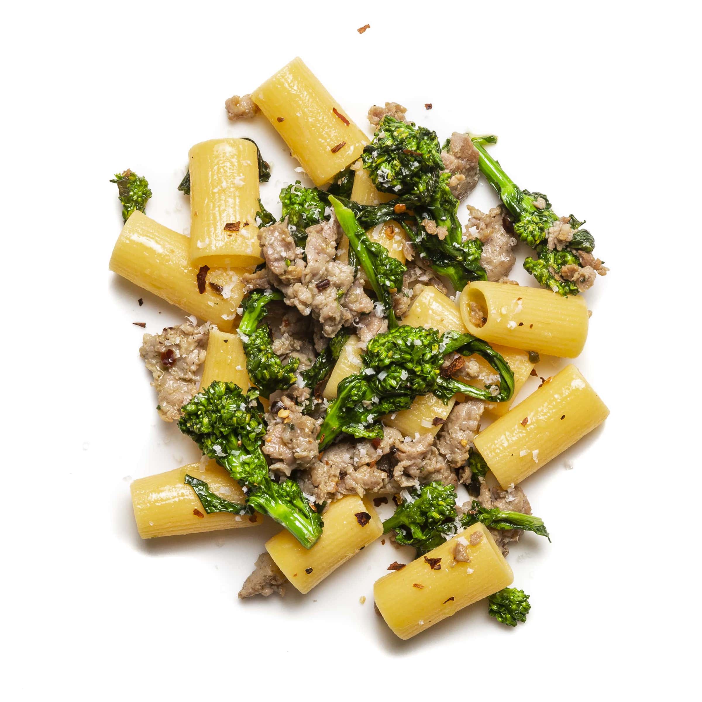 gluten free pasta recipe featuring mild sausage, broccolini, and rigatoni