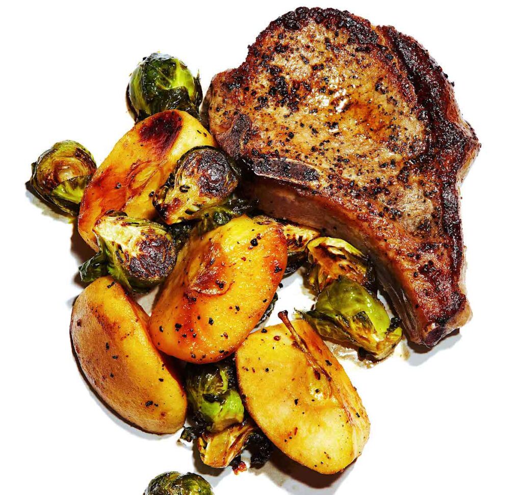 Gluten-Free Apple Cider-Glazed Pork Chops, Roasted Apples, and Brussels Sprouts Recipe