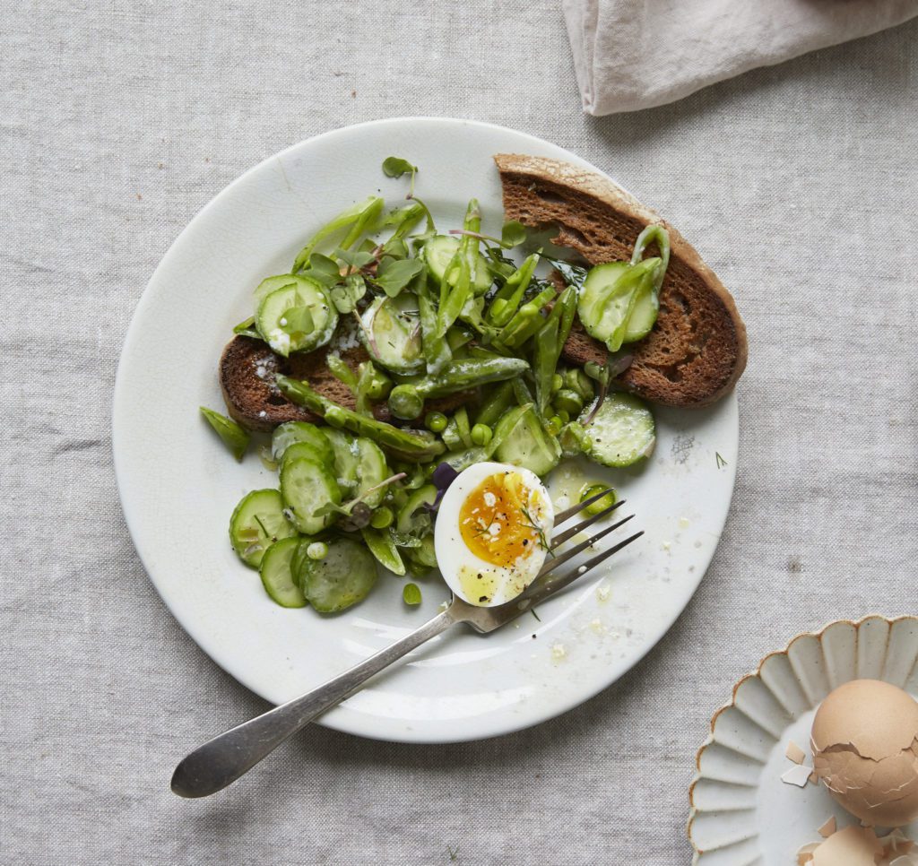 Soft-Cooked Eggs with Asparagus and Snap Pea Breakfast Salad