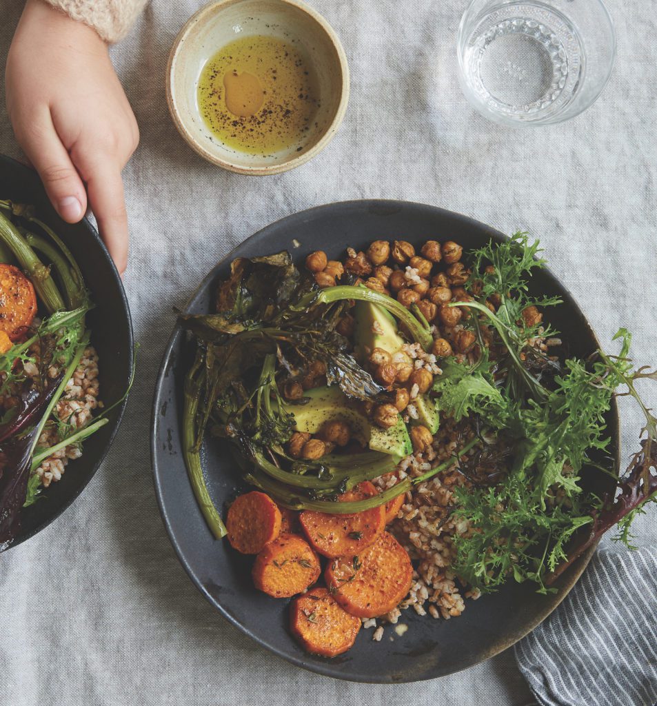 Crispy Chickpeas with Rice, Sweet Potatoes, Avocados, and Greens