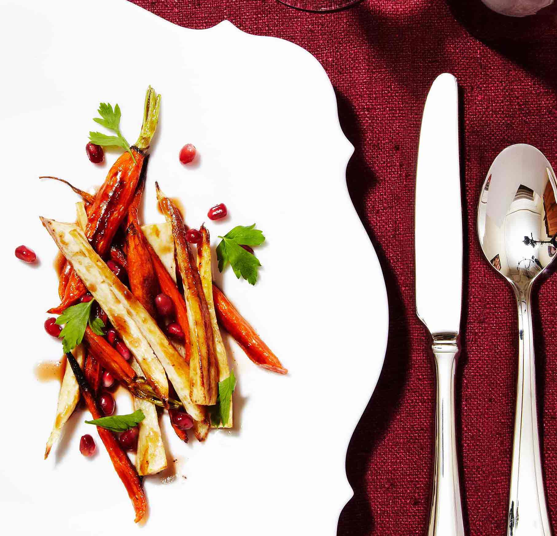 Gluten-free rasted parsnips and carrots with pomegranate vinaigrette